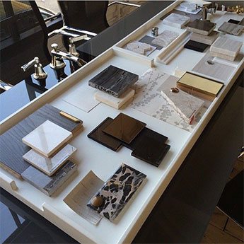 Countertop and slab material samples displayed for selection