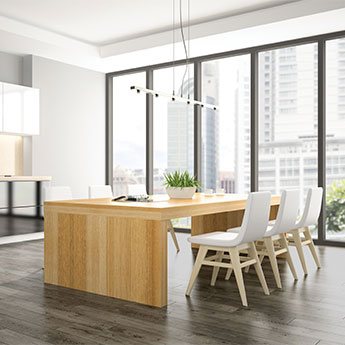 Modern dining area with dark luxury vinyl plank flooring